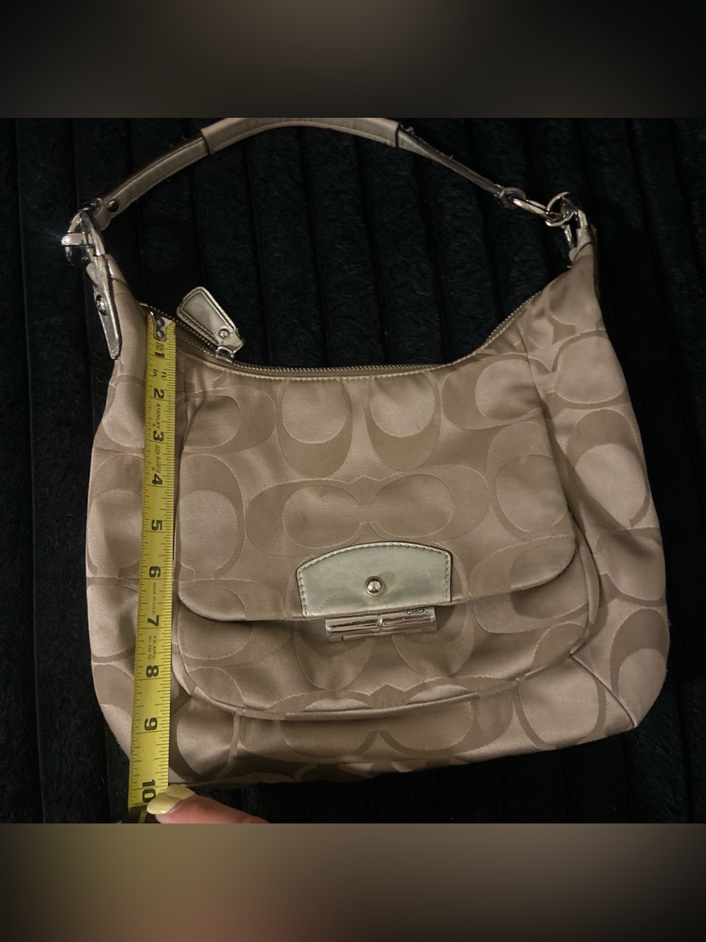 Coach Beige Signature Jacquard Shoulder Bag with Silver Hardware